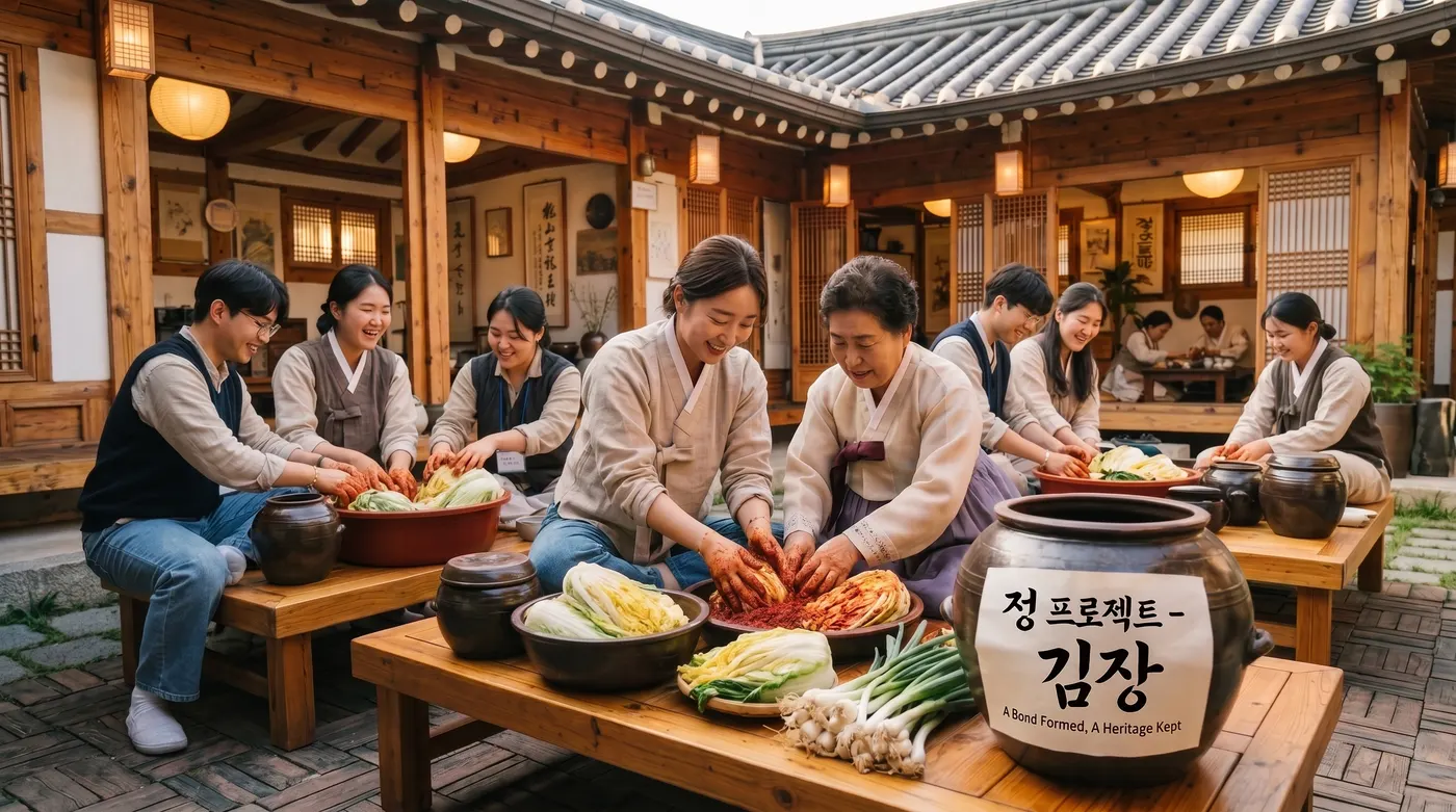 A kimjang gathering in a hanok courtyard: young people and an older woman making kimchi together at low wooden tables, beside onggi jars