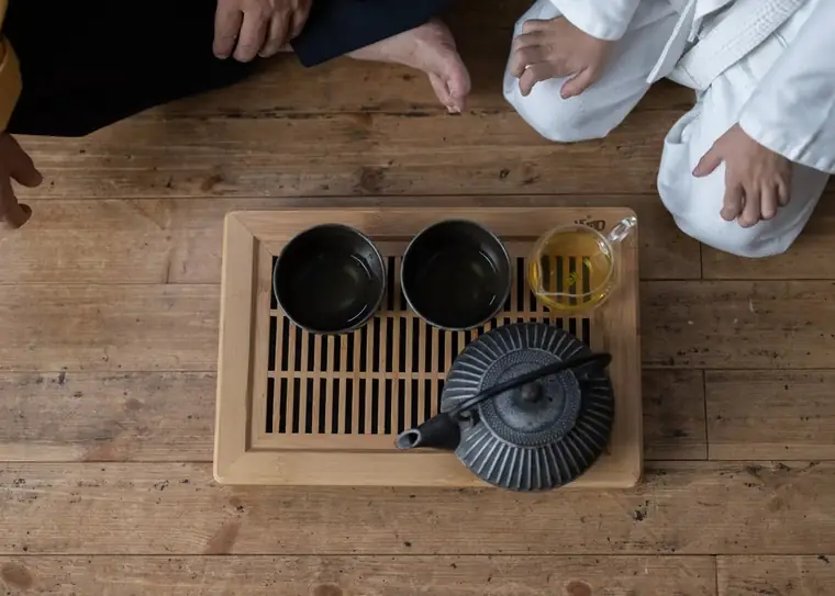 Two people either side of a tea tray, an iron pot and cups between them