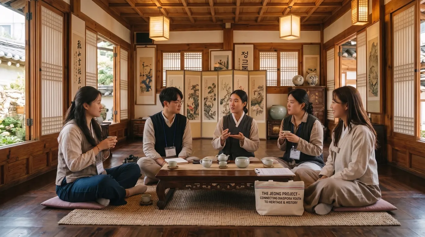 Five young adults sitting on floor cushions around a low tea table in a hanok room, mid-conversation