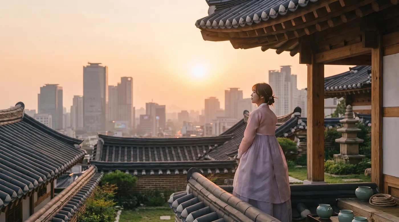 A woman in hanbok standing among hanok rooftops, the Seoul skyline behind her at sunrise